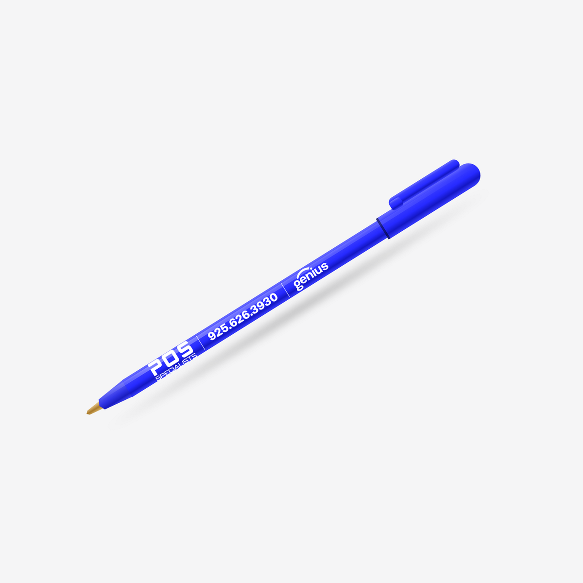 POS Specialists pen, blue barrel with white imprint