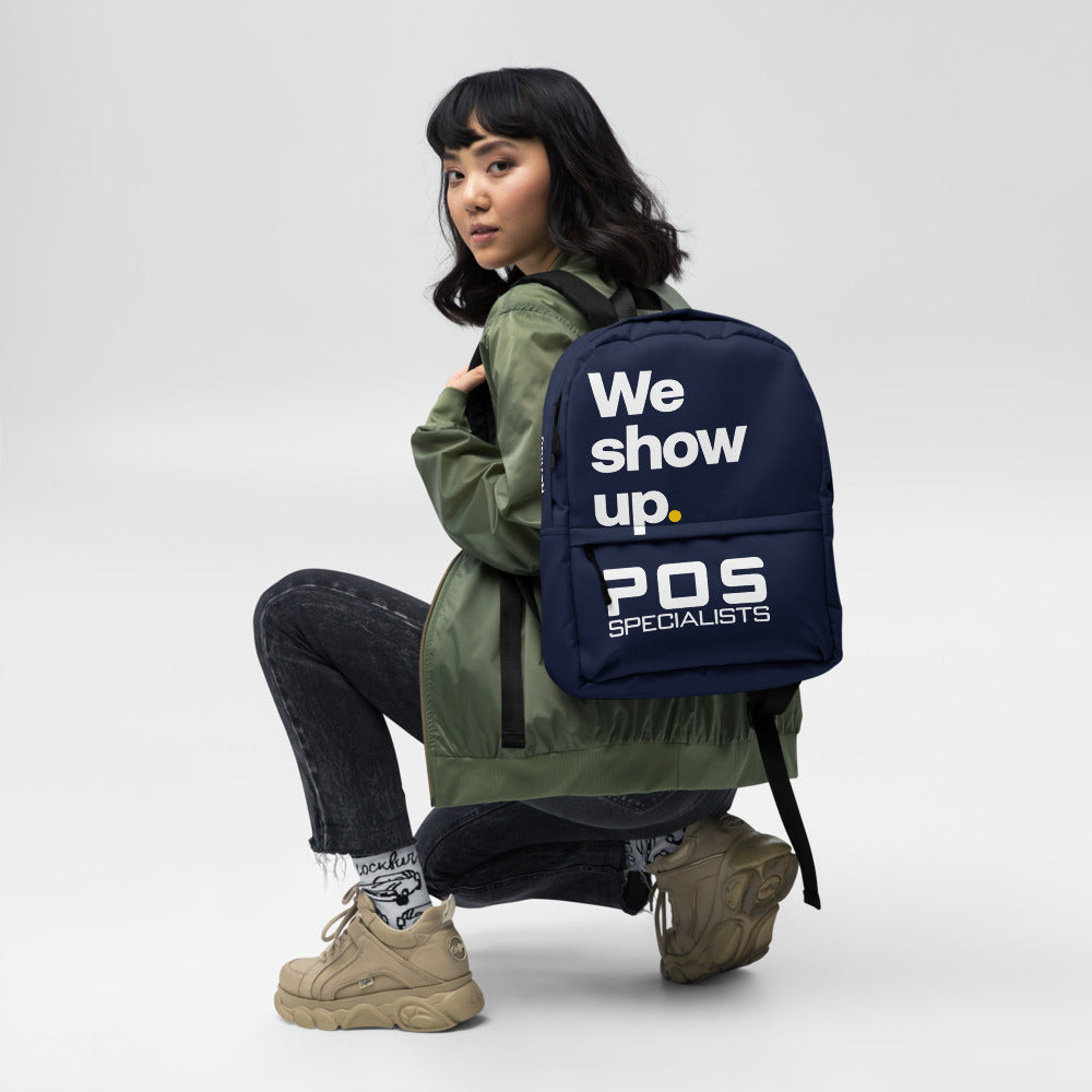 POS Specialists We show up. backpack in Navy, on model