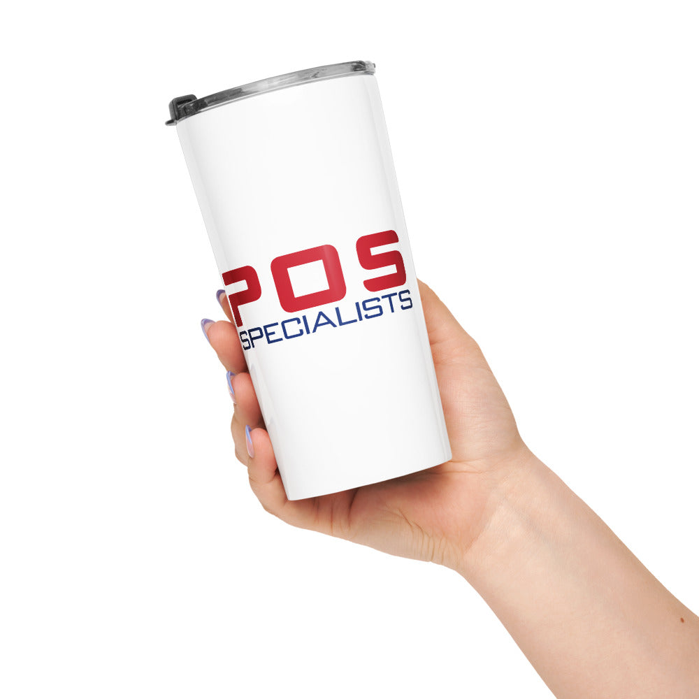 POS Specialists tumbler in White, in hand, POS Specialists logo side