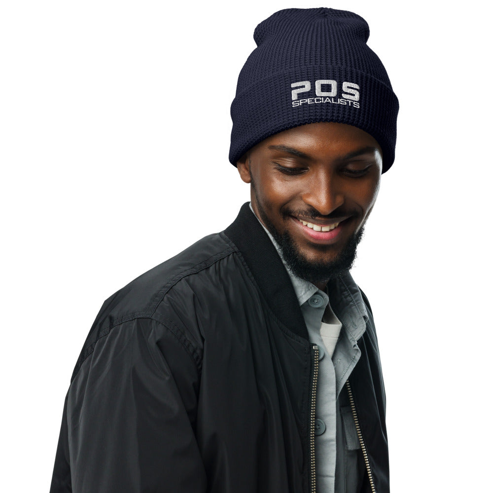 POS Specialists waffle beanie in Navy, on model