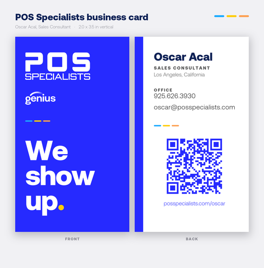 Oscar Acal POS Specialists business card, front and back