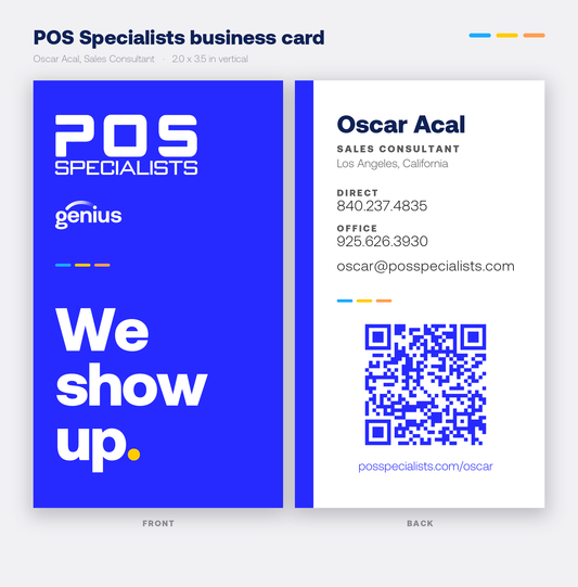 Oscar Acal POS Specialists business card, front and back