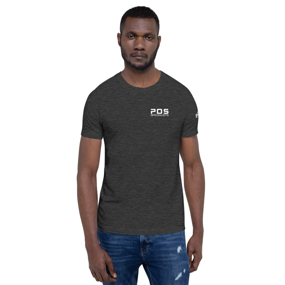 Small logo tee on model, Dark Grey Heather