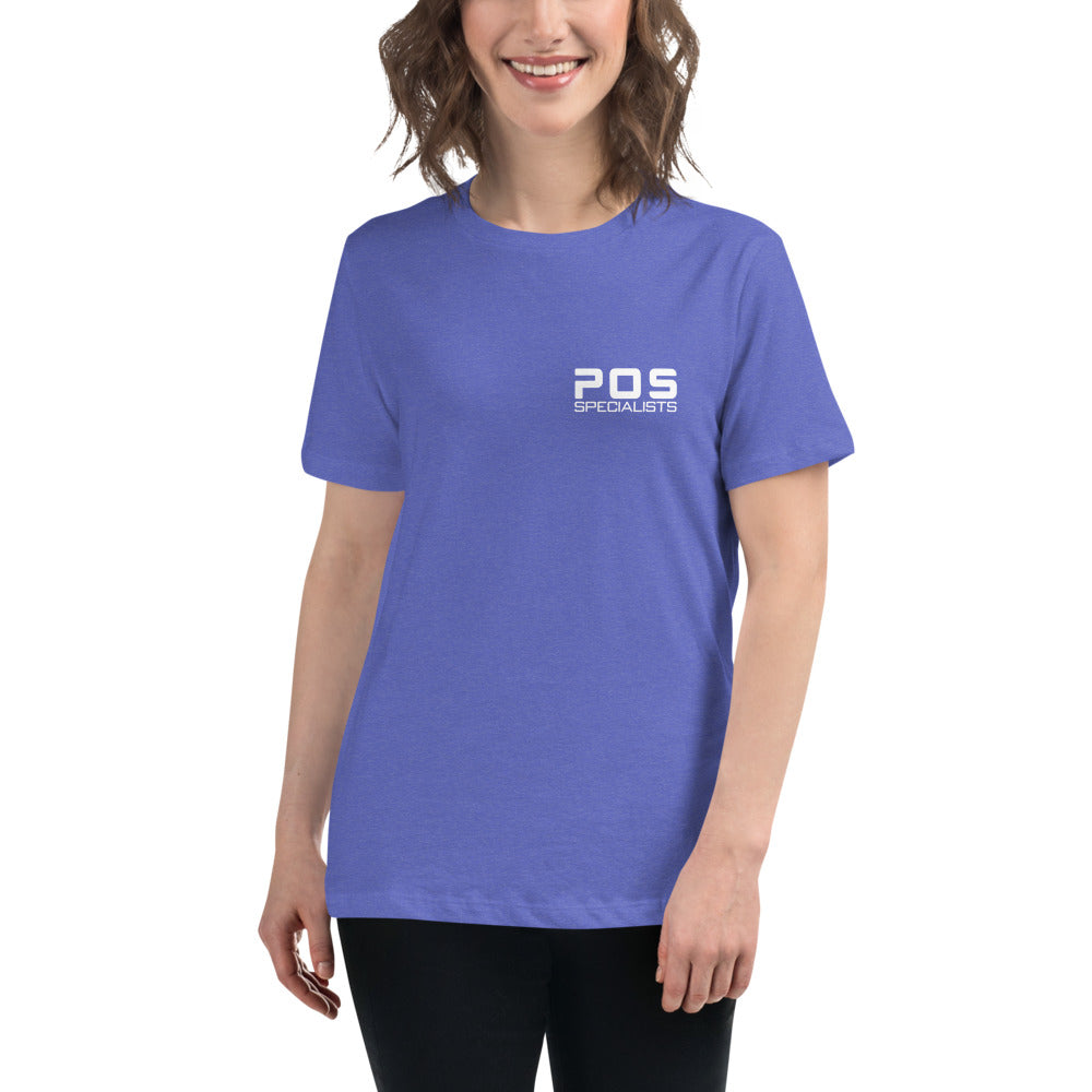 Women's small logo tee on model, Heather True Royal