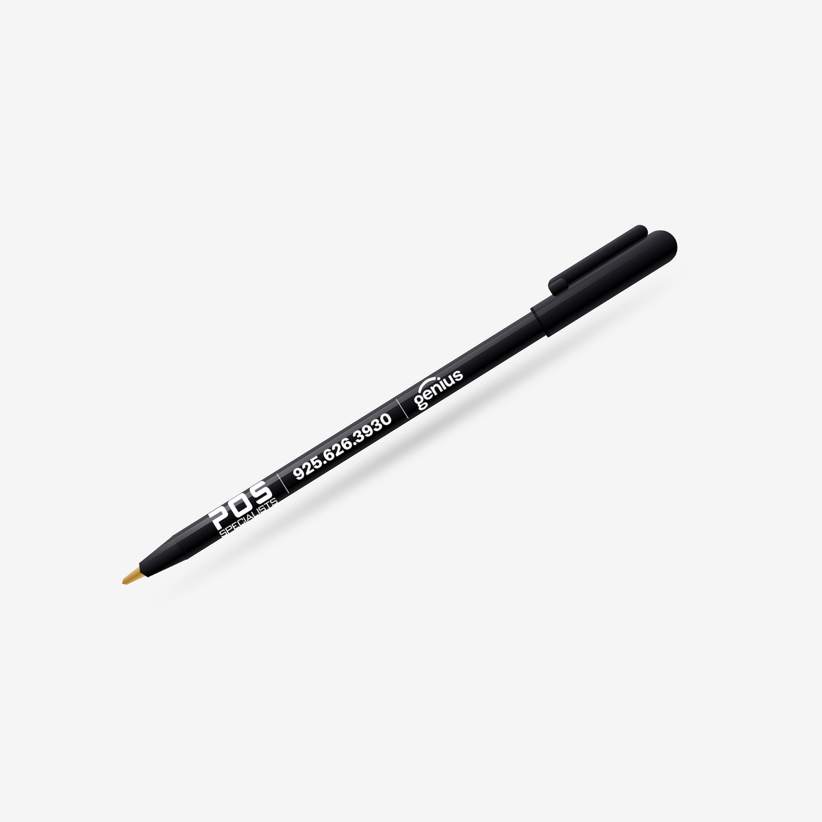POS Specialists pen, black barrel with white imprint