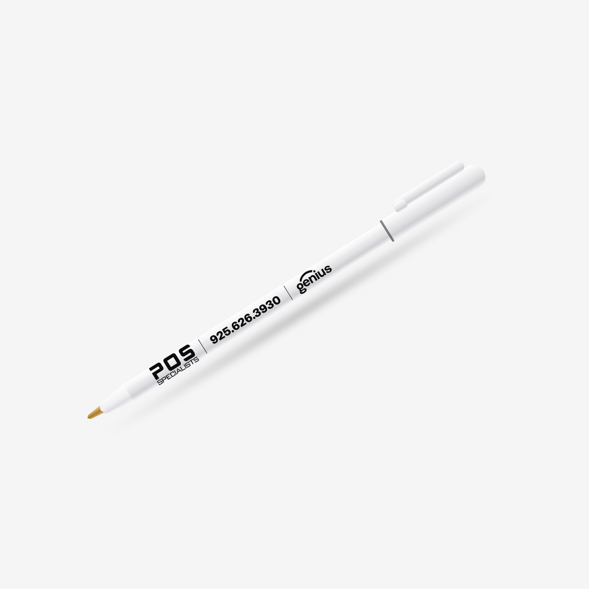 POS Specialists pen, white barrel with black imprint
