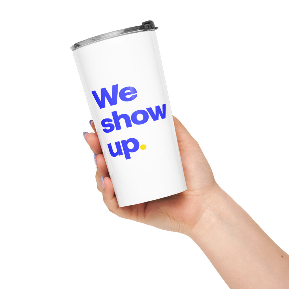 POS Specialists tumbler in White, in hand, We show up. side