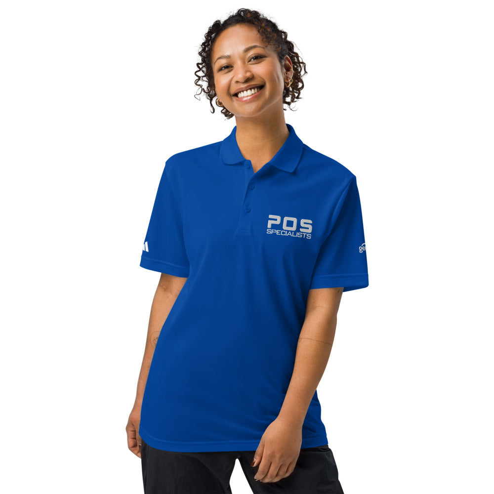POS Specialists Adidas polo in Collegiate Royal, on model, front