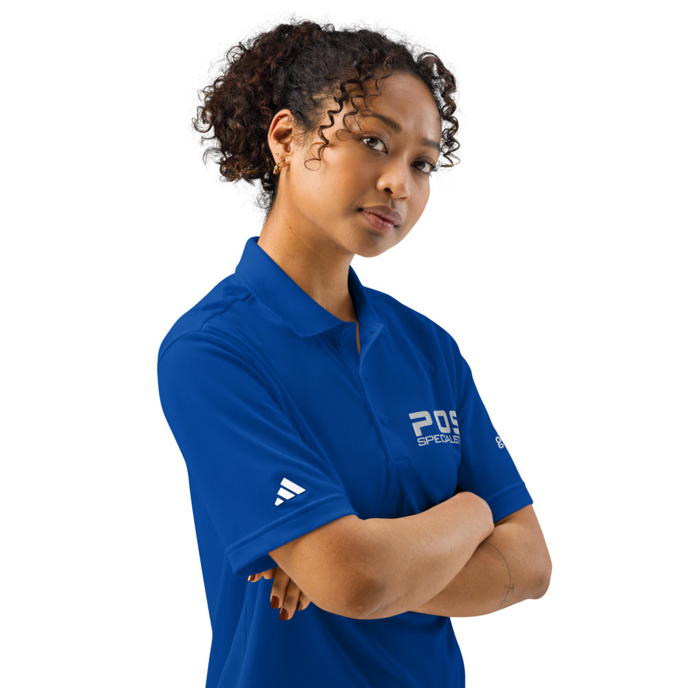 POS Specialists Adidas polo in Collegiate Royal, on model, right front
