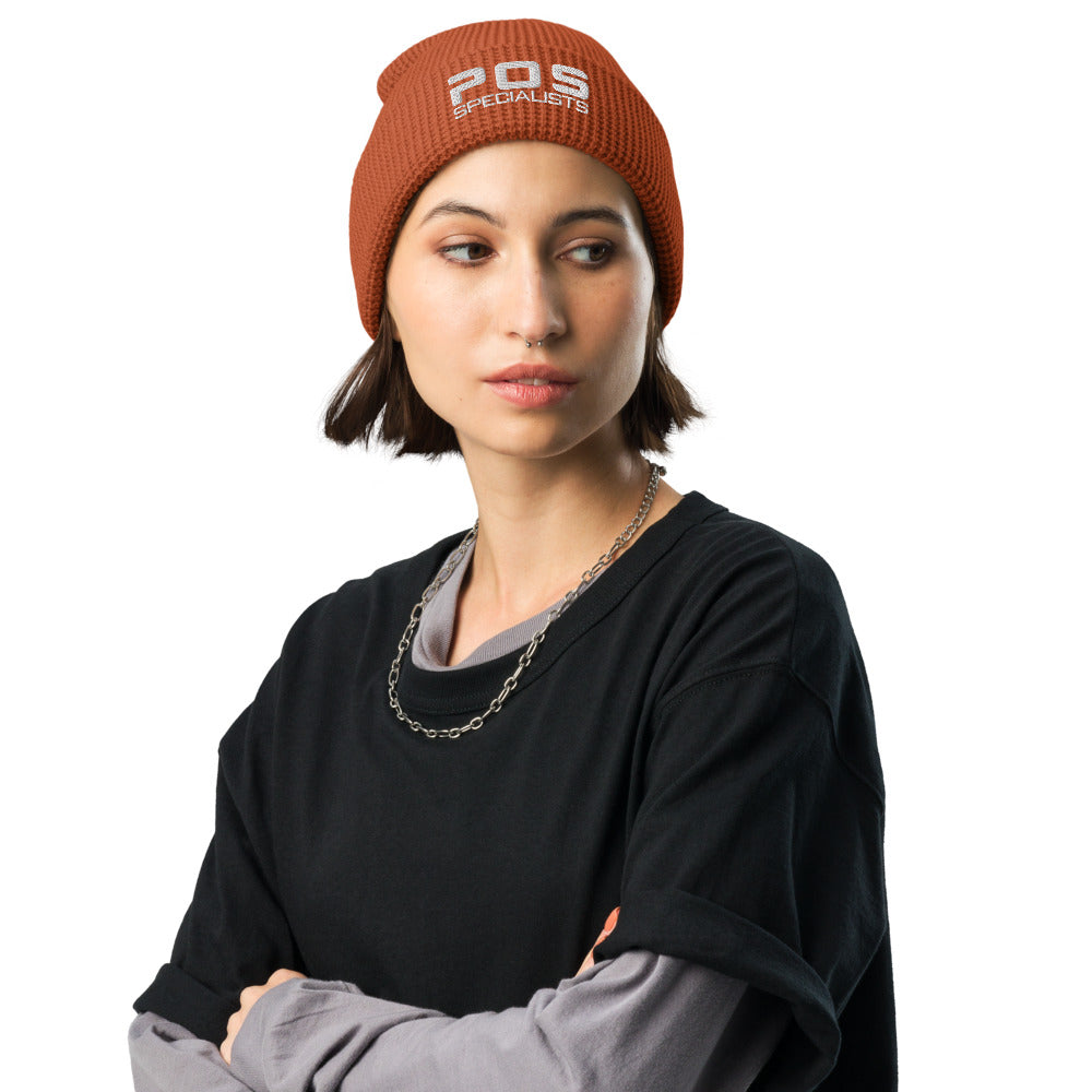 POS Specialists waffle beanie in Rust, on model